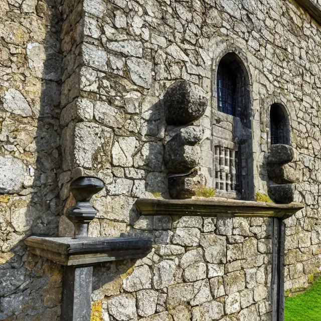 Image similar to hyper realistic photo, looking close up at a well maintained castle from the front gate courtyard on a sunny day