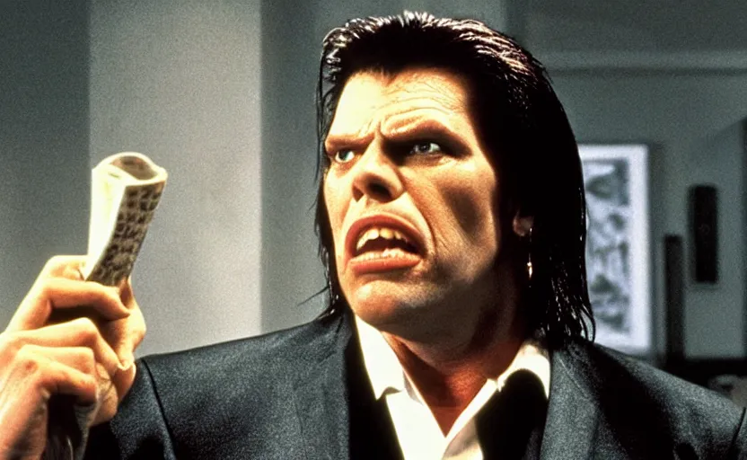 Image similar to still of Gary Busey as Vincent Vega in Pulp Fiction, 4k photorealistic, cinematic, extremely detailed,