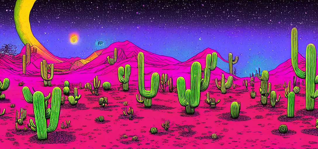 Image similar to A hand drawn digital still of mystical desert with strange ethereal creatures and cactus with a psychedelic night sky in the style of Alex Grey and Moebius, risograph, Artstation HD, 8k, Surrealistic digital artwork,