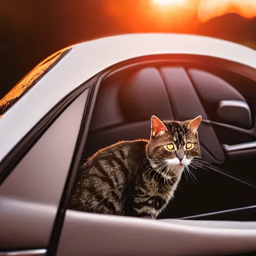 Prompt: cat behind the steering wheel of a cabriolet, seen from above, golden hour, front top side view, golden ratio, idyllic setting