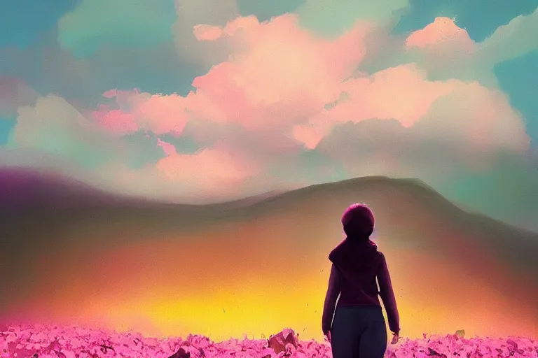 Image similar to giant dahlia flower face, girl walking on mountain, surreal photography, pink storm clouds, dramatic light, impressionist painting, digital painting, artstation, simon stalenhag