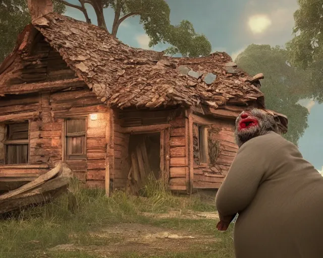 Prompt: of a very beautiful scene. ambient occlusion render. a sweet fat old woman is giving birth to her broken house. hyper realistic. 4 k. wide angle. wild. symmetrical face, red mouth, blue eyes. deep focus, lovely scene. ambient occlusion render. concept art. unreal engine.