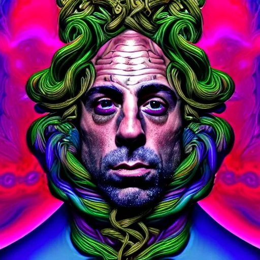 Image similar to an extremely psychedelic portrait of joe rogan as medusa, surreal, lsd, face, detailed, intricate, elegant, lithe, highly detailed, digital painting, artstation, concept art, smooth, sharp focus, illustration