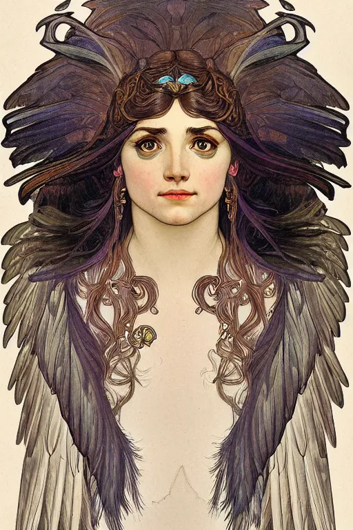 Image similar to head and shoulders portrait of a harpy, eagle wings, feathers, beautiful, female, magical, high fantasy, d & d, by alphonse mucha, face details, extremely detailed, digital illustration