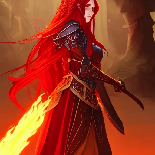 Image similar to a female elven cleric with red long hair, very good beautiful heavy scale armor, wearing a cape, casting a fire spell, dungeon background, magical, bright, colorful, fantastic lighting, amazing details, 4 k uhd, illustration by stephanie brown and mingchen shen and ilya kuvshinov, artstation, pixiv, concept art,