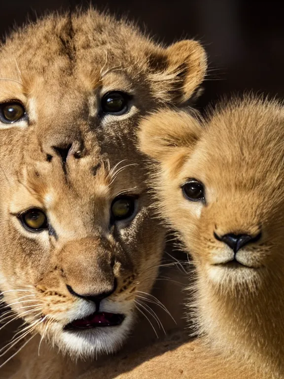 Image similar to 4K HD, high detail photograph, shot with Sigma f/ 4.2 , 250 mm sharp lens, shallow depth of field : (subject= baby lion playing with a baby duck + subject detail= accurate body features, consistent, high detailed light refraction , high level texture render)