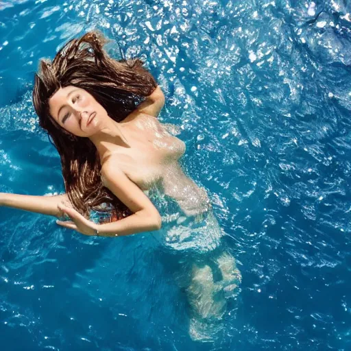 Prompt: a beautiful woman floating on her back in a clear mediterranean ocean,