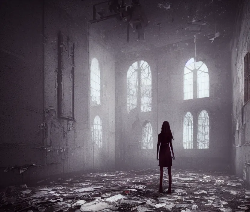 Image similar to Gothic girl standing on an abandoned hospital room with red ceiling lighting and several blue lights on the walls, gloomy and foggy atmosphere, octane render, artstation trending, horror scene, highly detailded