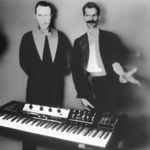 Prompt: Nikola Tesla and Aphex Twin on the moog synthesizer