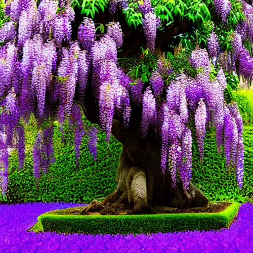 Image similar to a photo of a blooming wisteria bonsai tree, purple, cinematic, golden ratio, beautiful, 8k,