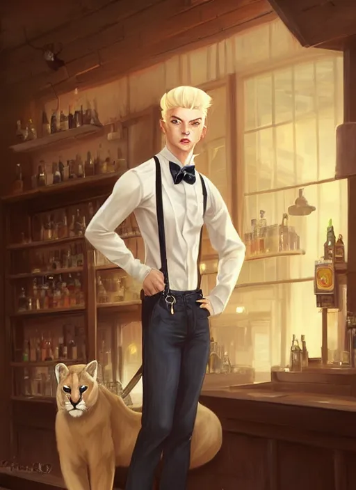 Image similar to beautiful portrait commission of a male furry anthro albino mountain lion wearing a white dress shirt with suspenders in an old-timey Saloon. Atmospheric. Character design by charlie bowater, ross tran, artgerm, and makoto shinkai, detailed, inked, western comic book art