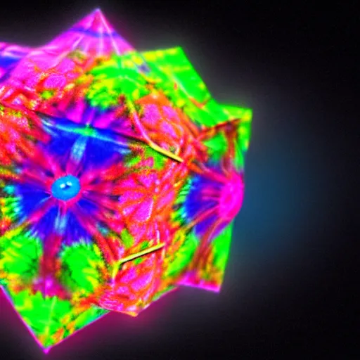 Image similar to a hyperrealistic 3D render of a dodecahedron made entirely of tie dyed Mandelbrot fractals, 8k, 4K, glowing, neon, dramatic lighting, volumetric lighting, octane render,