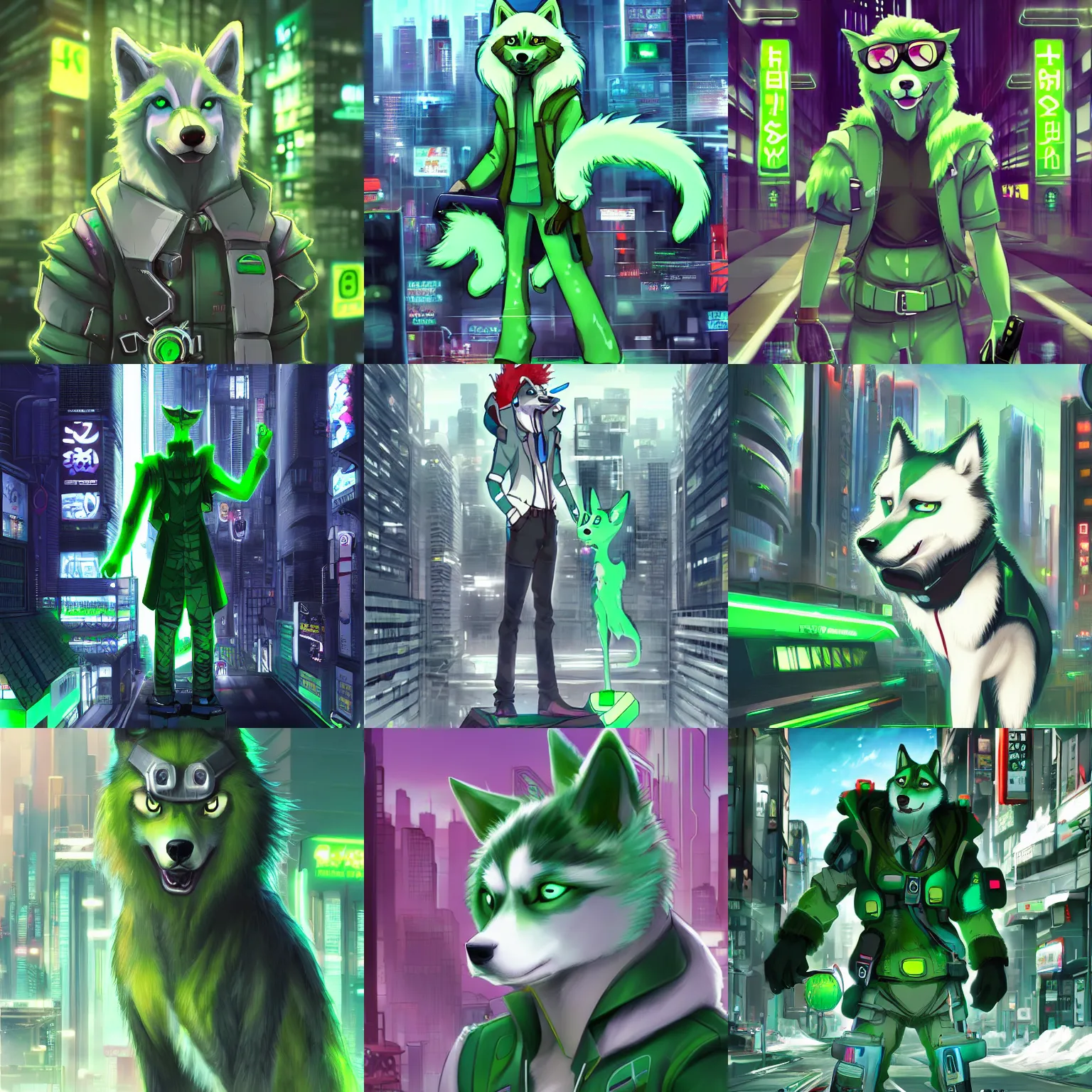 Prompt: anthropomorphic green husky anime in cyberpunk city, handsome, artstation