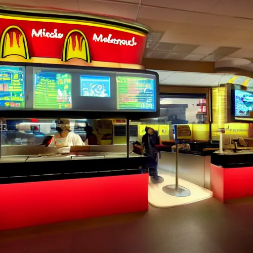 Image similar to cyberpunk mcdonalds in the distant future