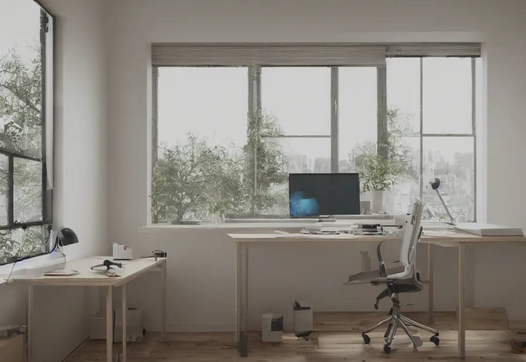 Prompt: kodak portra 4 0 0 photographic and realistic, a modern room large windows with a clean desk, nothing on the desk except for a desktop computer, detailed, a professional writer sitting at the desk, octane render, unreal engine, 4 k, artstation, hyper realistic, wide angle, 3 5 mm, sharp focus, warm light, in the style of mucha