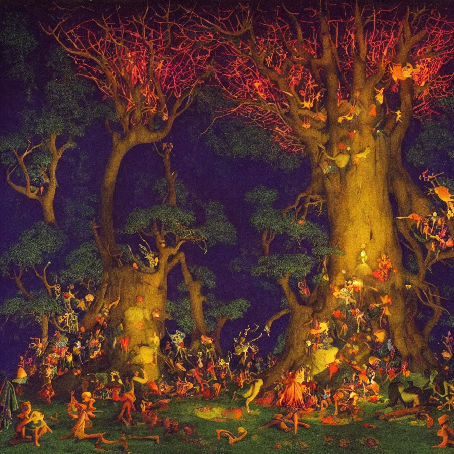 Prompt: closeup of a night carnival inside a tree cavity in a magical forest in the middle of a summer storm, with a music scenario with many fireworks and christmas lights, volumetric lightning, instense god rays in the sky, folklore people disguised with fantastic creatures in a magical forest by summer night, masterpiece painted by maxfield parrish, very coherent and colorful high contrast masterpiece,