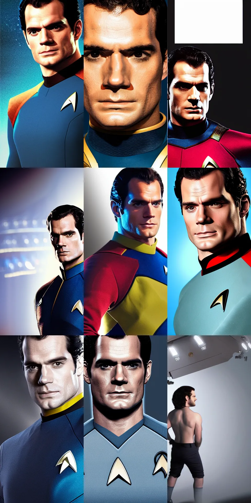 Prompt: medium shot, studio photographic portrait of henry cavill wearing star trek uniform, studio lighting, photorealistic, concept art, 8k