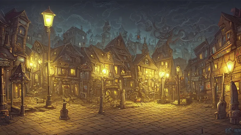 Prompt: street view of lovecraftian town square surrounded by houses in lovecraftian city at night by cyril rolando and naomi okubo and dan mumford and ricardo bofill. lovecraft. cobbled streets. oil lamp posts. lovecraftian statues.