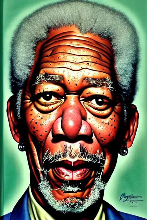 Image similar to morgan freeman portrait by gil elvgren and norman rockwell and rob gonsalves and hajime sorayama, hyperrealistic, high detail, ultra detailed, highly detailed face, ruffled fabric