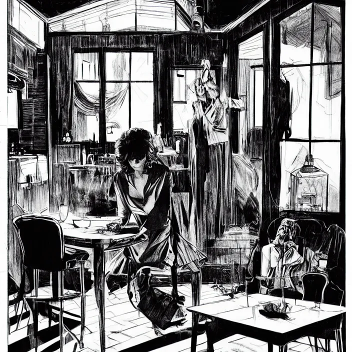 Prompt: inside a very dark scary dingy 1 9 6 0 s house. susan sarandon wearing old bathrobe sits behind a table. technique : black and white pencil and ink. by gabriel hardman, joe alves, chris bonura. cinematic atmosphere, detailed and intricate, perfect anatomy