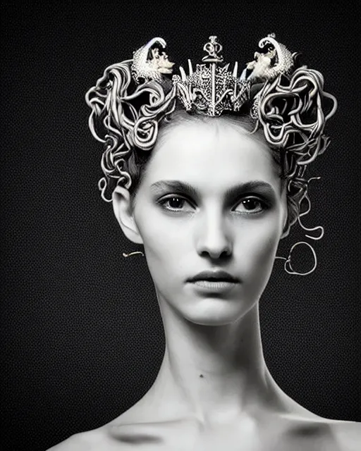 Image similar to dark background, a black and white high quality dreamy photo of a young beautiful female queen-dragon-vegetal-cyborg bust with a very long neck and delicate Mandelbrot fractal face, elegant, highly detailed, flesh highly baroque ornate, hair are curled wired cables, elegant, poetic, soft, dreamy, mysterious, high fashion, rim light, in the style of Ellen von Unwerth, Realistic, Refined, Digital Art, Highly Detailed, Cinematic Lighting, rim light, black and white, photo-realistic, 8K