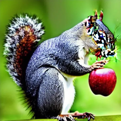 Image similar to A squirrel gives an apple to a bird