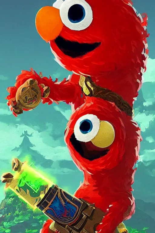 Prompt: an in game portrait of elmo from the legend of zelda breath of the wild, breath of the wild art style.