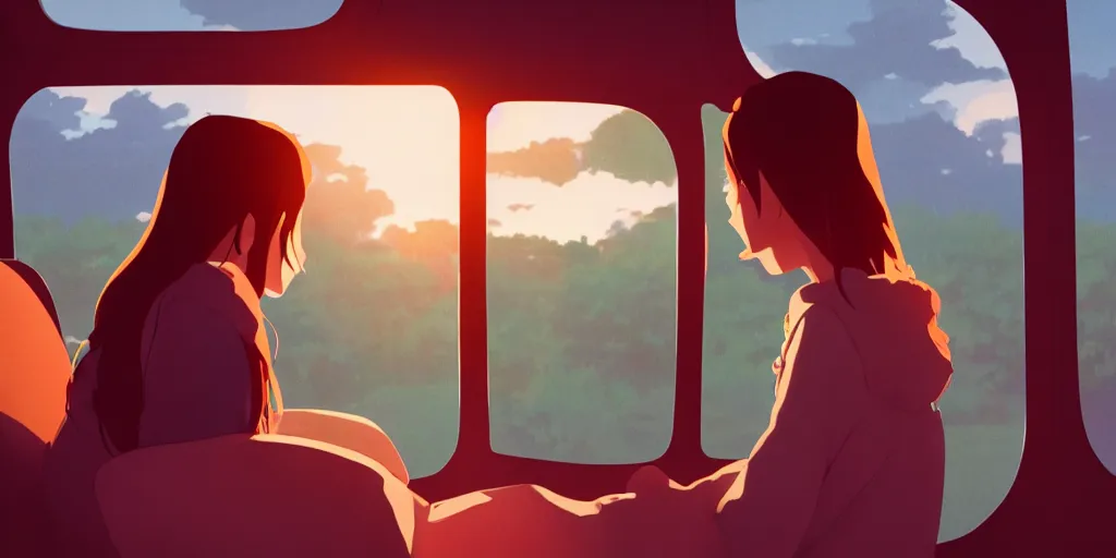 Image similar to Girl sitting in a window seat in a bus at sunset, cinematic lighting, style by Makoto Shinkai