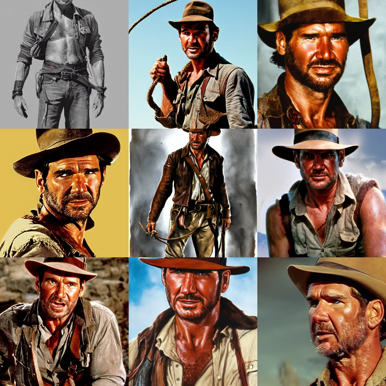 Prompt: zoomed out portrait of Indiana Jones, 1980, rugged, ripped clothes holding whip, Falter, John Philip
