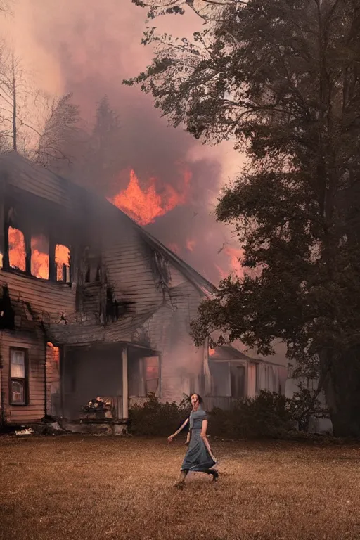 Prompt: Gregory Crewdson full color Photography, A woman walks calmly while her house is on fire