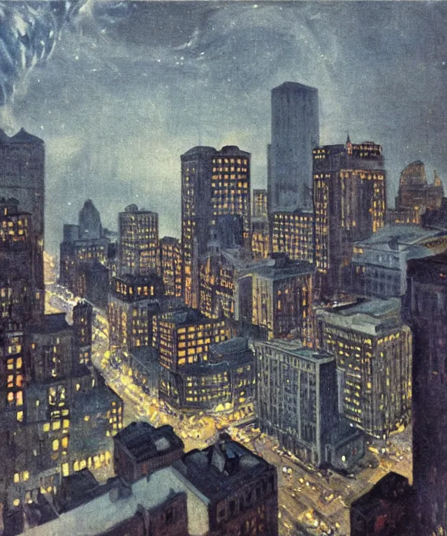 Prompt: horrifying full color photorealistic painting of the view from a 1 9 2 5 a warped view of downtown boston in 1 9 2 5 at night with a cosmic sky viewed from a hotel balcony, dark, atmospheric, brooding, smooth, finely detailed, cinematic, epic, in the style of paul carrick