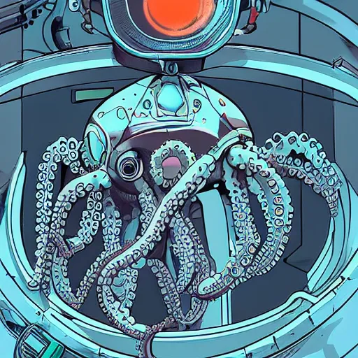 Image similar to robotic Octopus in an airlock, Industrial Scifi, detailed illustration, character portrait, by Martin Grip and Moebius