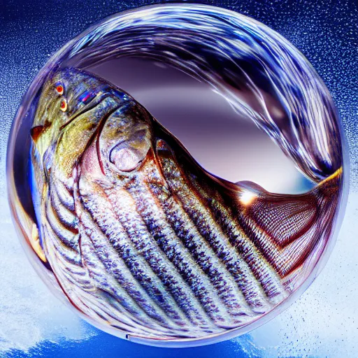 Prompt: photo of fish swimming inside a transparent sphere, high detail, 4k, complex