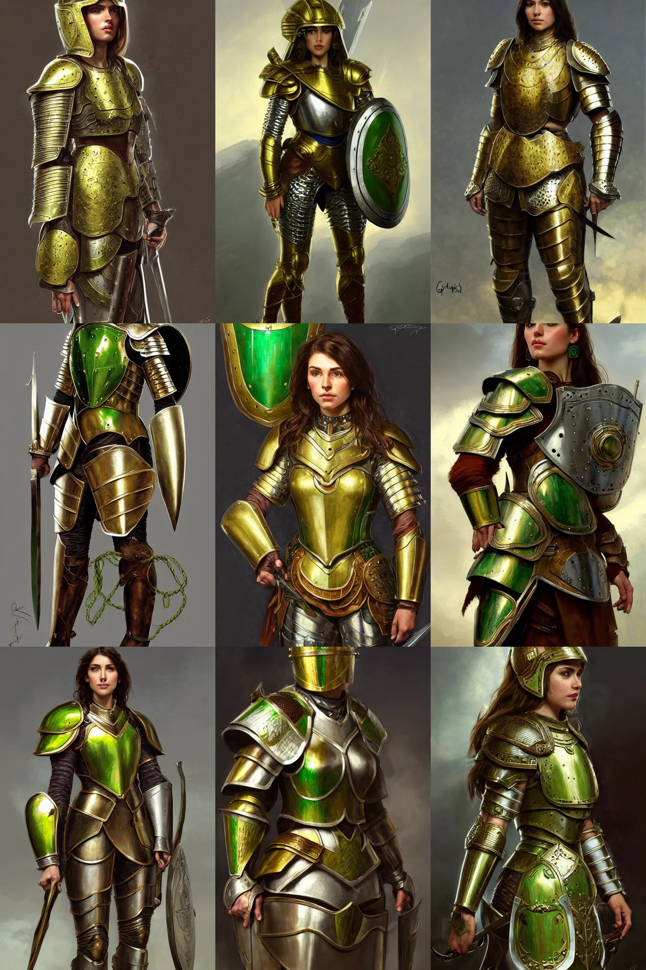 Prompt: full body portrait of a female italian warrior medium length brown hair and a very highly detailed face wearing elegant golden plate mail armor painted with green green and white white accents, holding a rectangular tower shield, very highly detailed, artstation, cgsociety, realistic character concept art, sharp focus, by greg rutkowski, artgerm, and alphonse mucha
