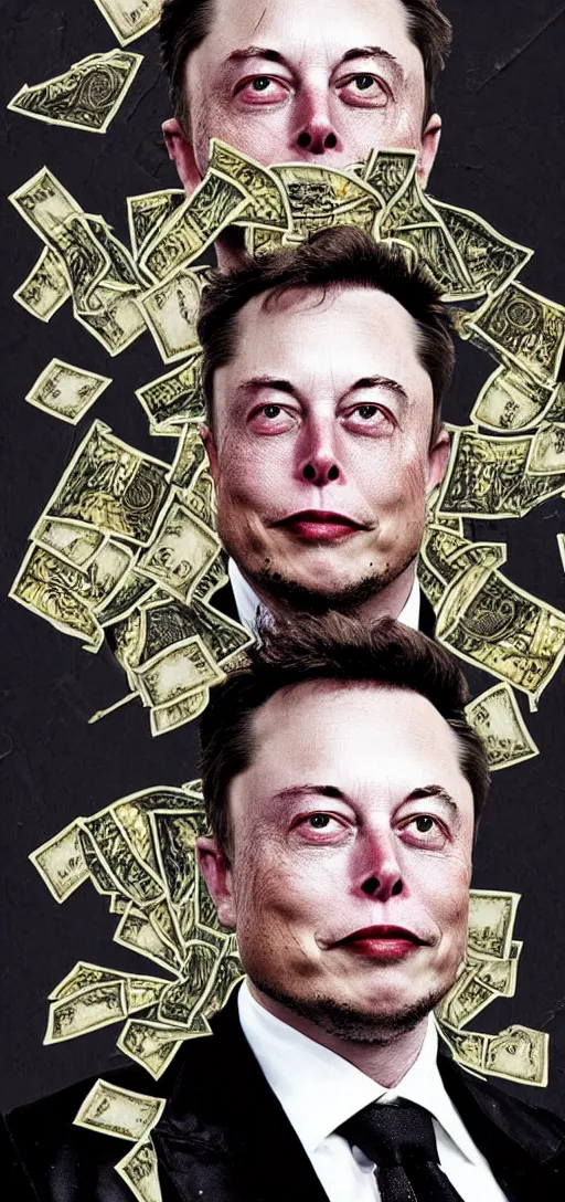 Prompt: a disturbing body horror picture of elon musk with dollar bills and rocket plumes, body horror, scary, dark, creepy,