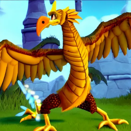 Image similar to screenshot of a humanoid anthropomorphic griffin bard with a feather in its cap as an enemy in spyro the dragon video game, with playstation 1 graphics, activision blizzard, upscaled to high resolution