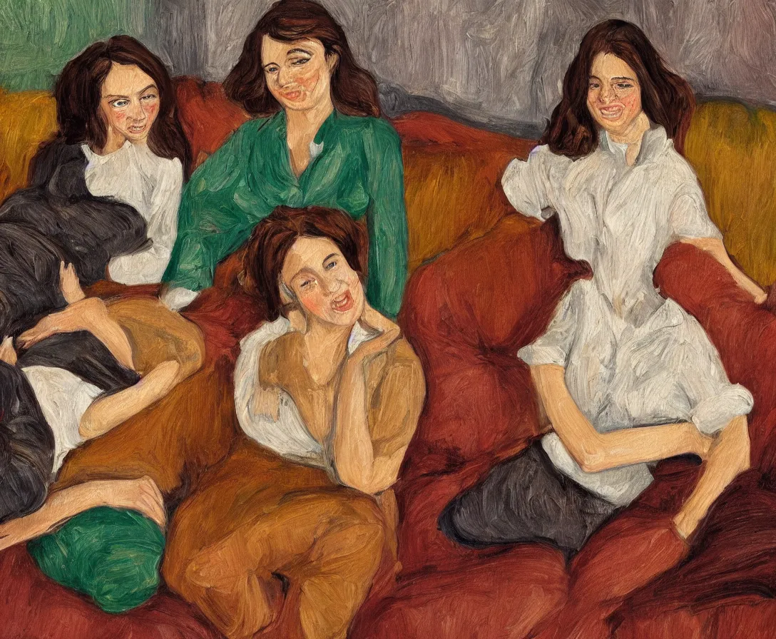 Image similar to close up portrait of pretty bella and esther with brown hair lying horizontal next to each other, in an old english apartment on a brown leather sofa. one is wearing a dark blue sweather, the other a white shirt. close up. in the style of lucien freud. oil painting. green light. thick colorful brush strokes. smiling