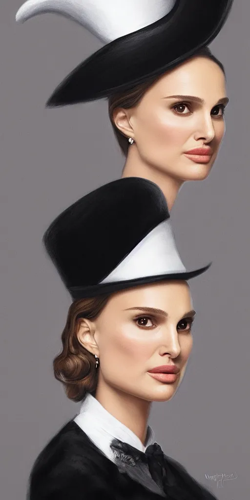 Prompt: Natalie Portman, wearing a top hat, very detailed portrait, ultrarealistic, dramatic lighting, electrical details, high details, 4k, 8k, best, accurate, trending on artstation, fur, artstation, photorealism, ultrarealistic, digital painting, style of Dali, Caravaggio, Boris Vallejo