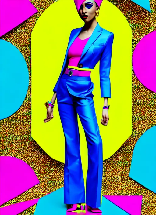 Image similar to bright trouser suit for a rave, bright colors, prints, photo for a magazine, photo for a store, fashion photography, Vogue, 135 mm, cinematic, hyper realism, high detail, 8k, Two models in the frame, dynamic pose,Smooth skin, perfect face