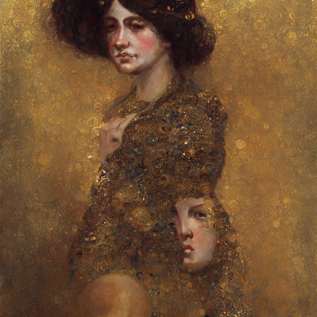 Image similar to seamless intricate klimt golden motives and textures pattern, beautiful young lady face portrait, hyper detailed, octane render, vivid colors, artstation, by jeremy mann, by alphonse mucha, by klimt