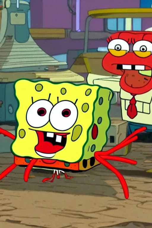 Image similar to sifi spongebob fight mr crabs for a burger