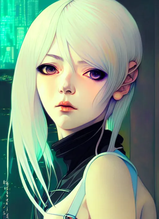 Image similar to portrait Anime girl cyberpunk, cute-fine-face, white-hair pretty face, realistic shaded Perfect face, fine details. Anime, cyberpunk. realistic shaded lighting by Ilya Kuvshinov and Gustav Klimt