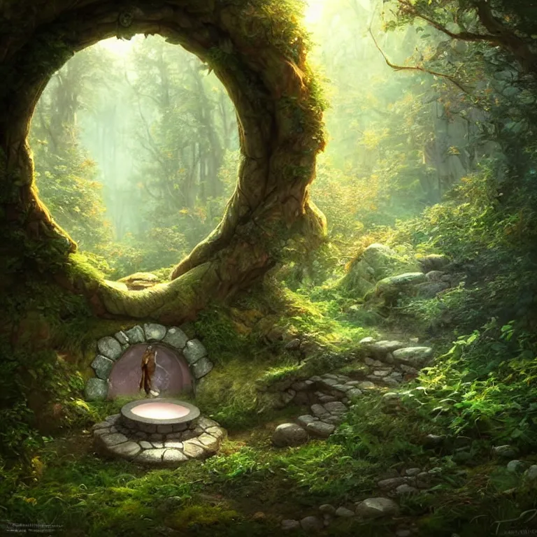 Image similar to Fantasy Magical fairy-tale stone portal in the forest. Round stone portal teleport in trees to other worlds. Fantastic landscape. Magic Altar in the fores, highly detailed, digital painting, artstation, concept art, smooth, sharp focus, illustration, art by artgerm and greg rutkowski and alphonse mucha