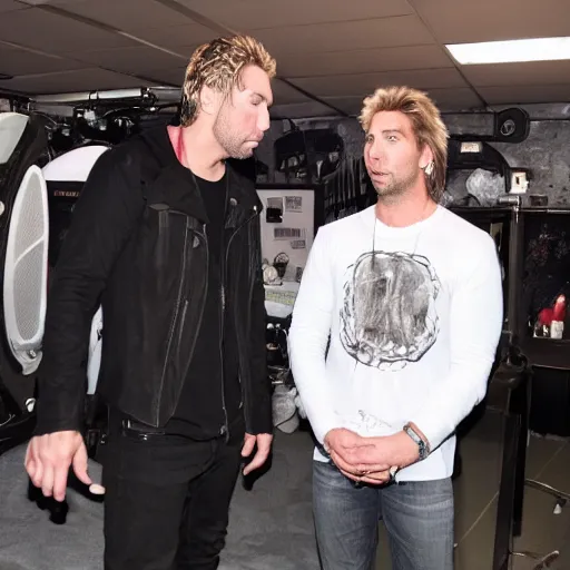 Prompt: chad robert kroeger of nickelback looking at a mystery object on someone's head