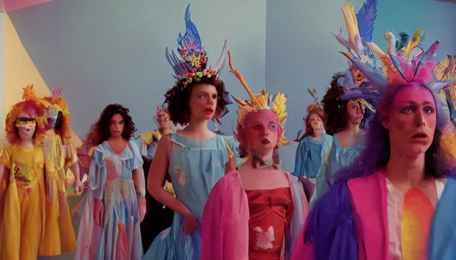 Image similar to movie still by alejandro jodorowsky of a beautiful day in a family art room in a suburban usa, visible magic energy, pretty dream creature costumes, mystical cult ritual, big magic parade float, cinestill 8 0 0 t eastmancolor technicolor, high quality, very detailed, heavy grain, fine facial features, 8 k, octane render