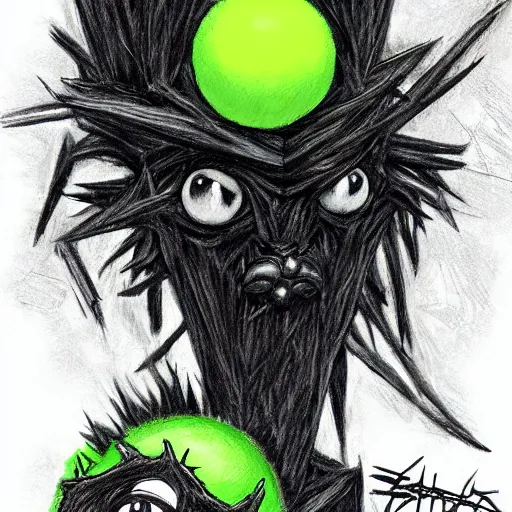 Image similar to a tennis ball monster, tennis ball, dark, chalky, kingdom hearts, digital art, fantasy, magic, trending on artstation, ultra detailed, professional illustration by Basil Gogos