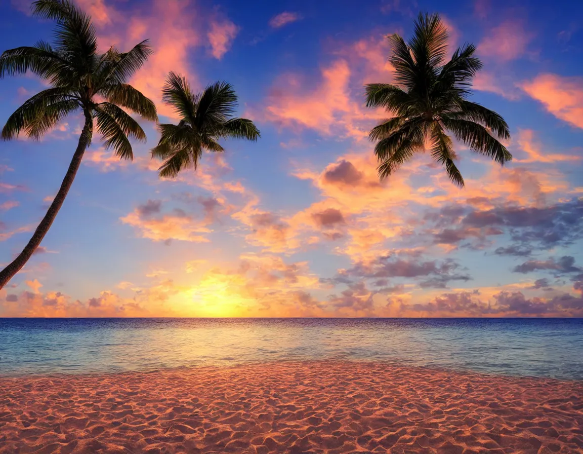 Prompt: photo of ultra realistic heart / shaped sandy beach island with one exotic palm tree, sunset lighting