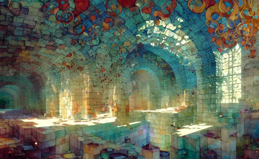 Image similar to tiled room squared waterway, aqueducts, fantasy. intricate, amazing composition, colorful watercolor, by ruan jia, by maxfield parrish, by marc simonetti, by hikari shimoda, by robert hubert, by zhang kechun, illustration, gloomy