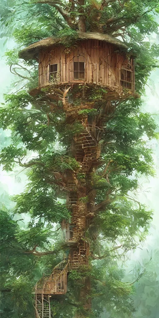 Image similar to beautiful tree house in a tall tree with long vine hanging from the house, surrounded by lush trees, sharp focus, highly detailed, artgerm, cgsociety