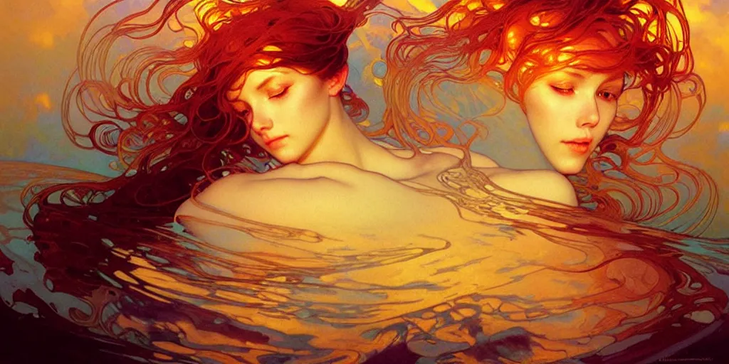 Image similar to mind bending ocean waves of glossy liquid honey drops flowing like psychedelic translucent amber, lsd waves, lsd ripples, backlit, sunset, refracted lighting, art by collier, albert aublet, krenz cushart, artem demura, alphonse mucha